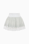 Ivory cotton mini skirt with lace-trimmed hem and textured eyelet lace panels