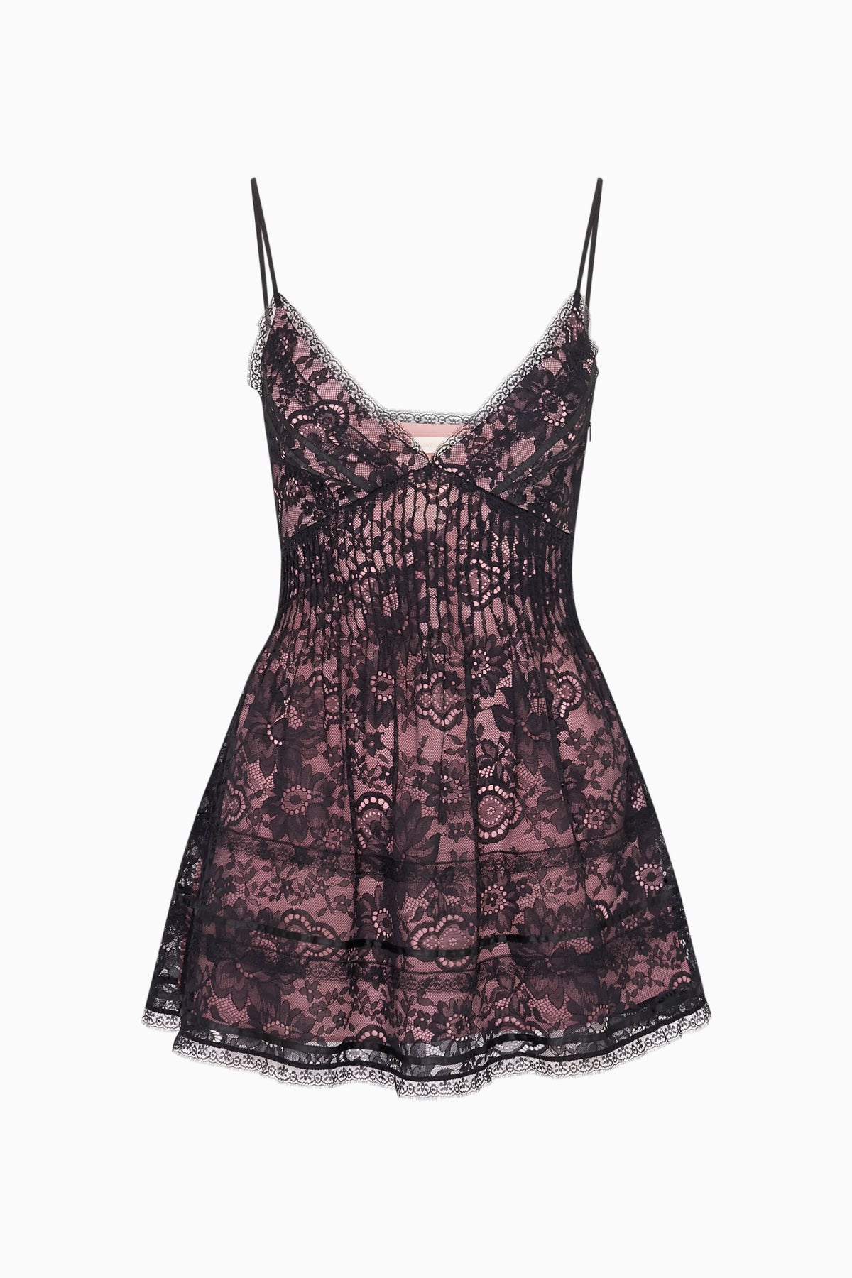 Black lace mini dress front view with spaghetti straps and scalloped hem
