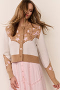 Front-view wool-blend cardigan with button placket, long sleeves, and novelty knit pattern