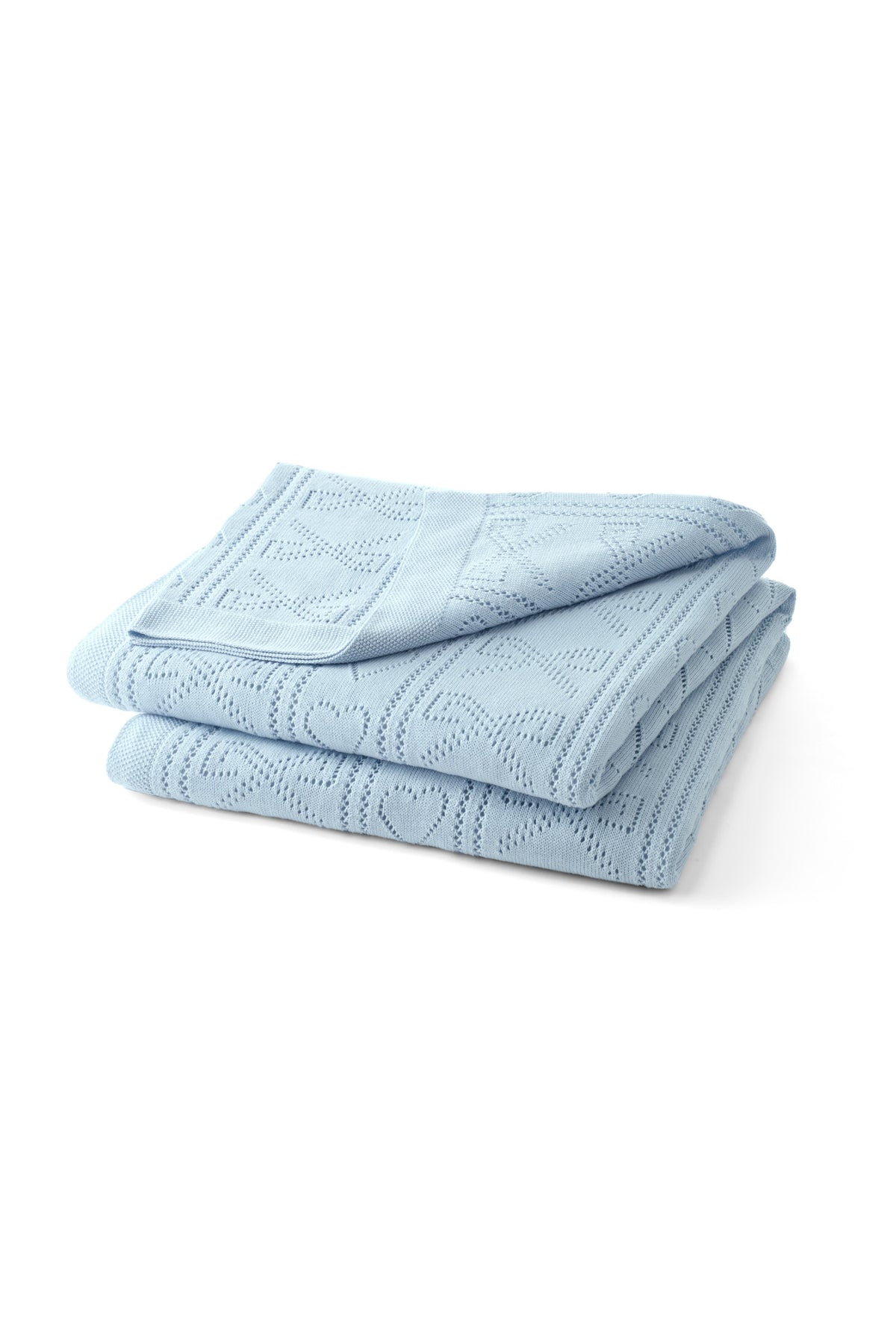 Light blue pointelle throw blanket with folded edges