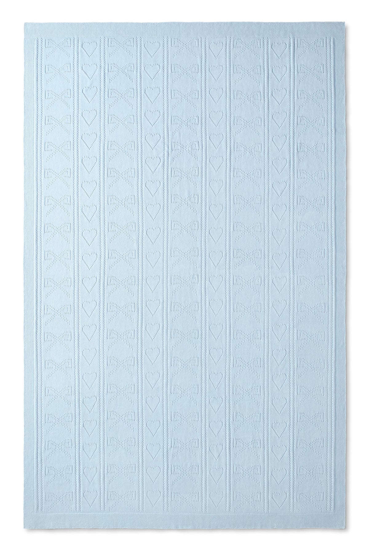 Light blue pointelle throw blanket with heart and diamond knit pattern