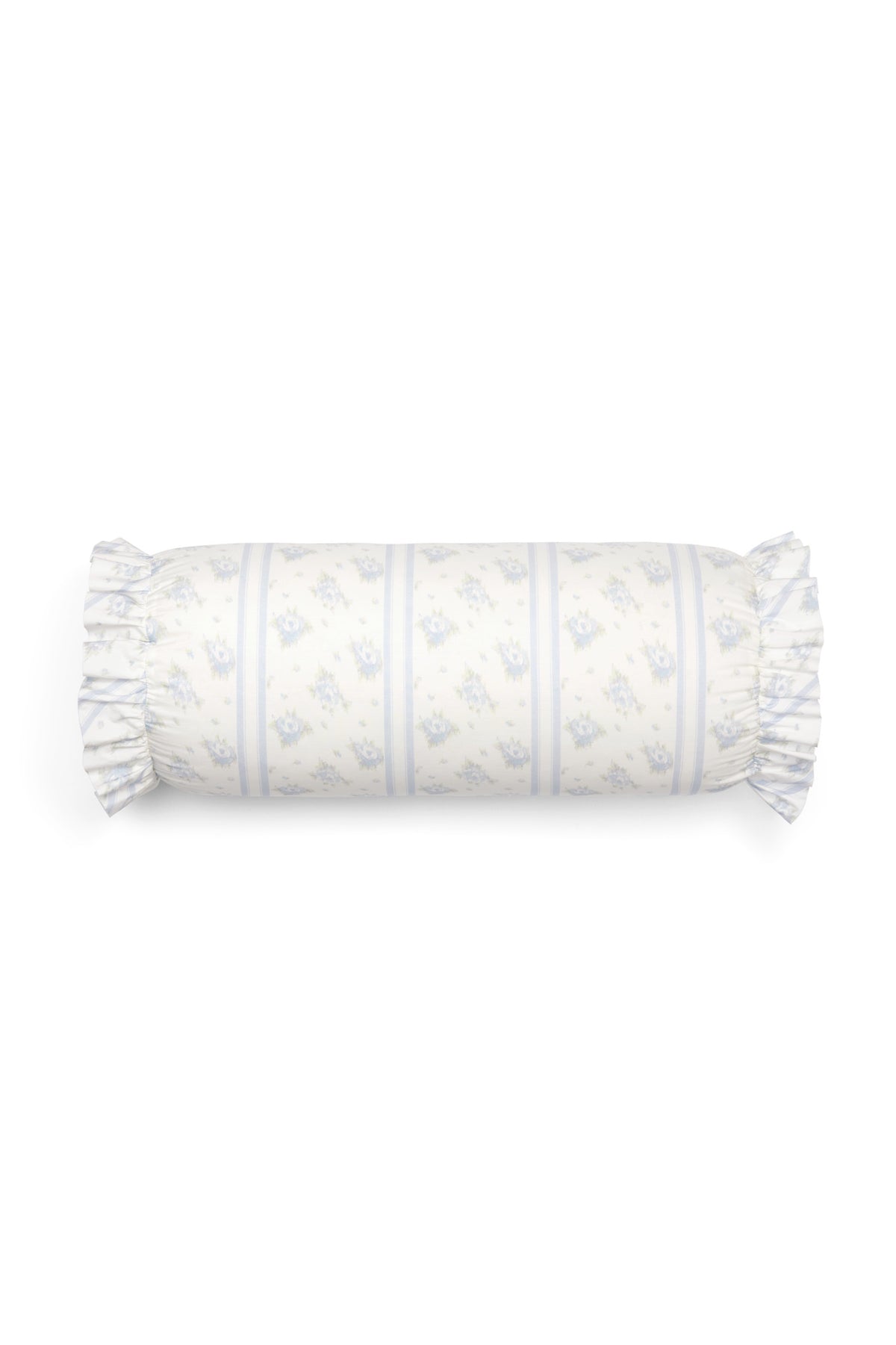Blue striped bolster pillow with ruffled end trim