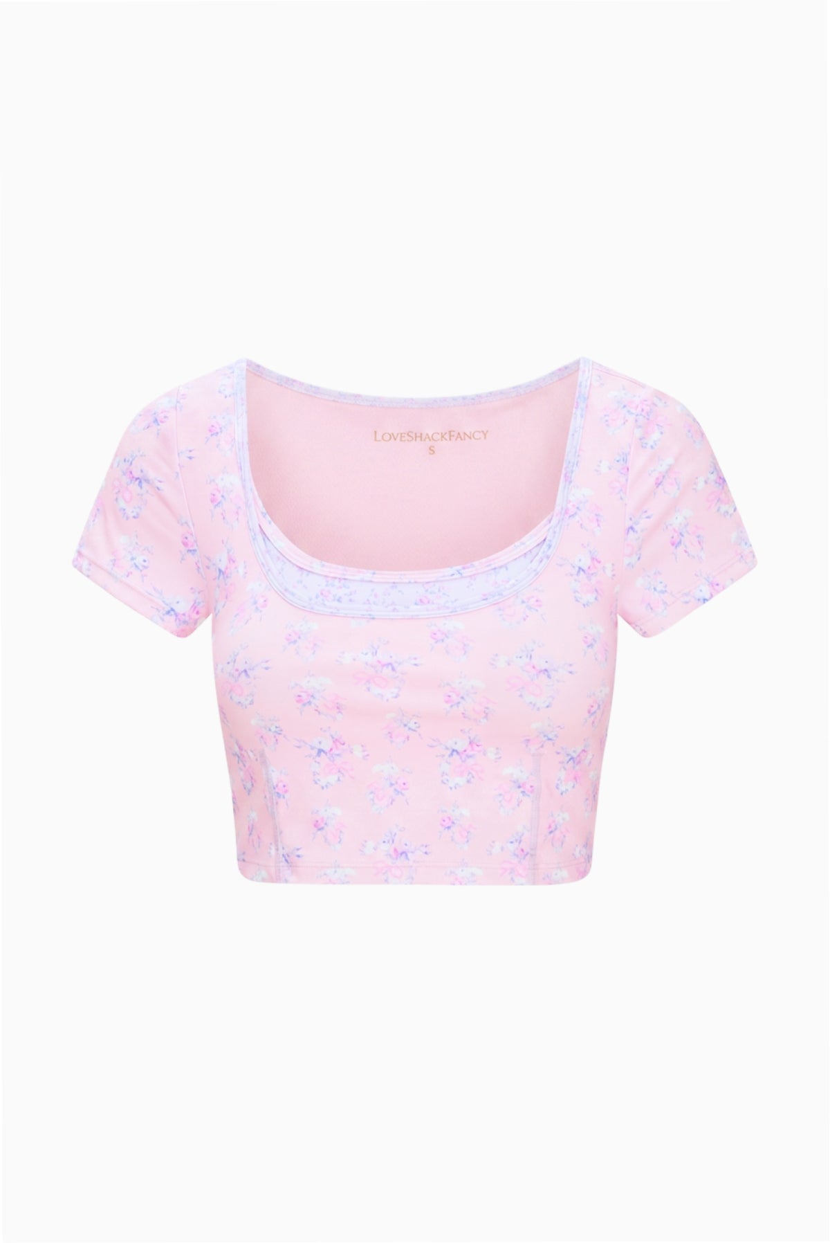 Lilac mixed-print active crop top, flat lay front view with scoop neck and short sleeves