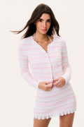 Cotton crochet cardigan with button front and pink striped knit, scalloped hem