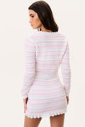 Cotton crochet cardigan back view, pink-striped crochet knit with long sleeves and hem trim