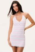 Striped cotton crochet mini dress with halter straps and scalloped hem, pink and blue stripes