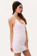 Striped cotton crochet mini dress, side view, halter neckline with scalloped edges