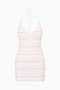 Striped cotton crochet mini dress with halter neck and open-back tie, scalloped hem