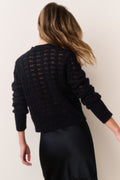 Dark midnight bow cardigan, button-front knit with long sleeves and ribbon applique