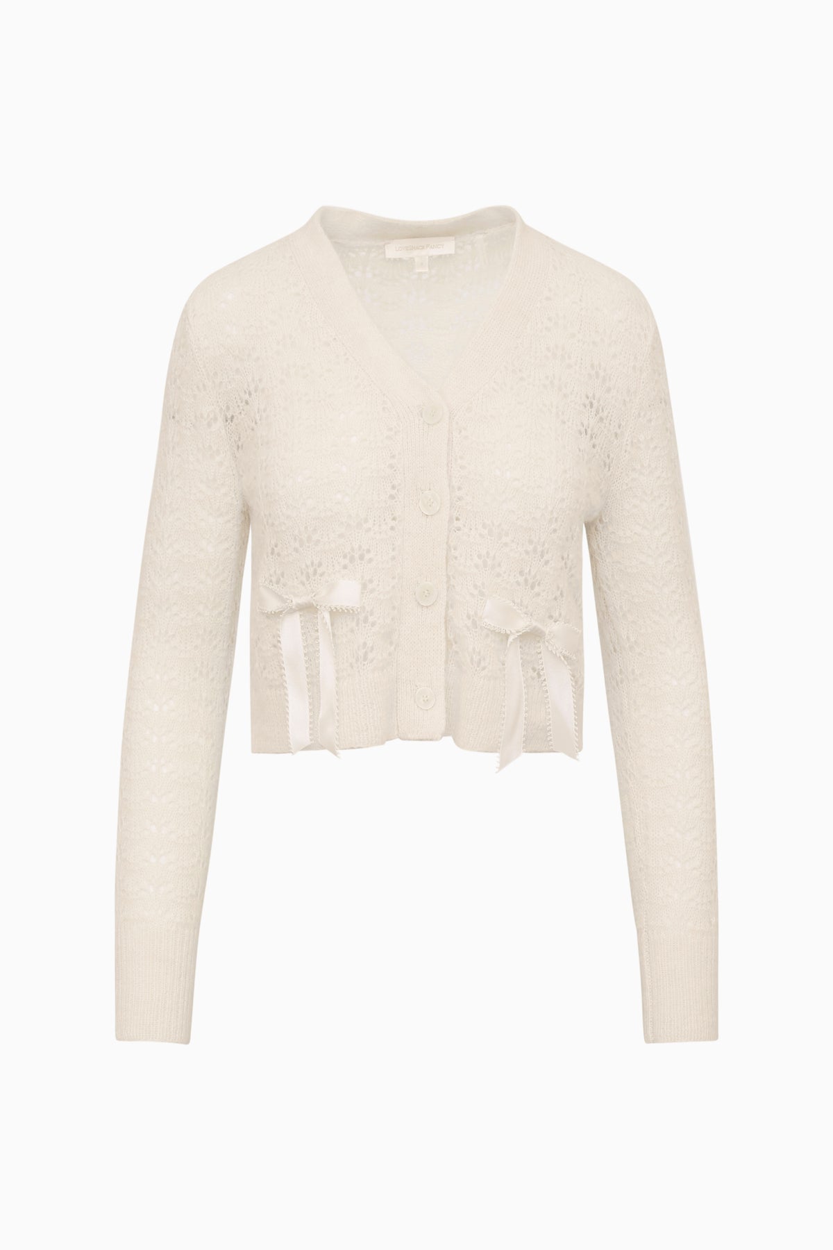 Alpaca-blend bow cardigan in light cream, button-front with long sleeves and tie cuffs