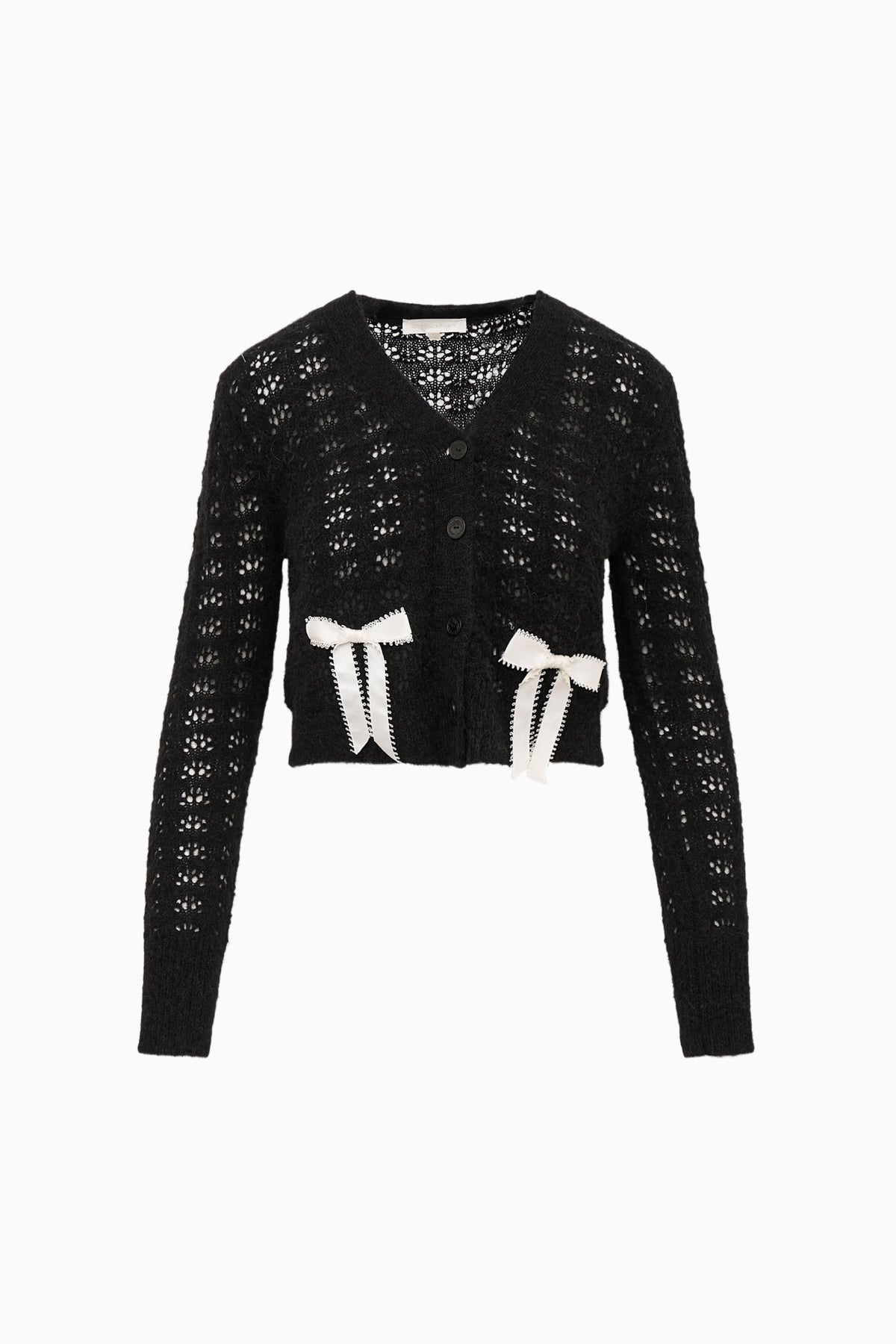 Black bow knit cardigan with V-neck, button front, long sleeves, and white ribbon appliques