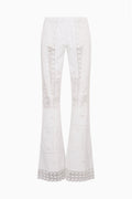 Optic white patchwork lace flared pants, full-length flat front