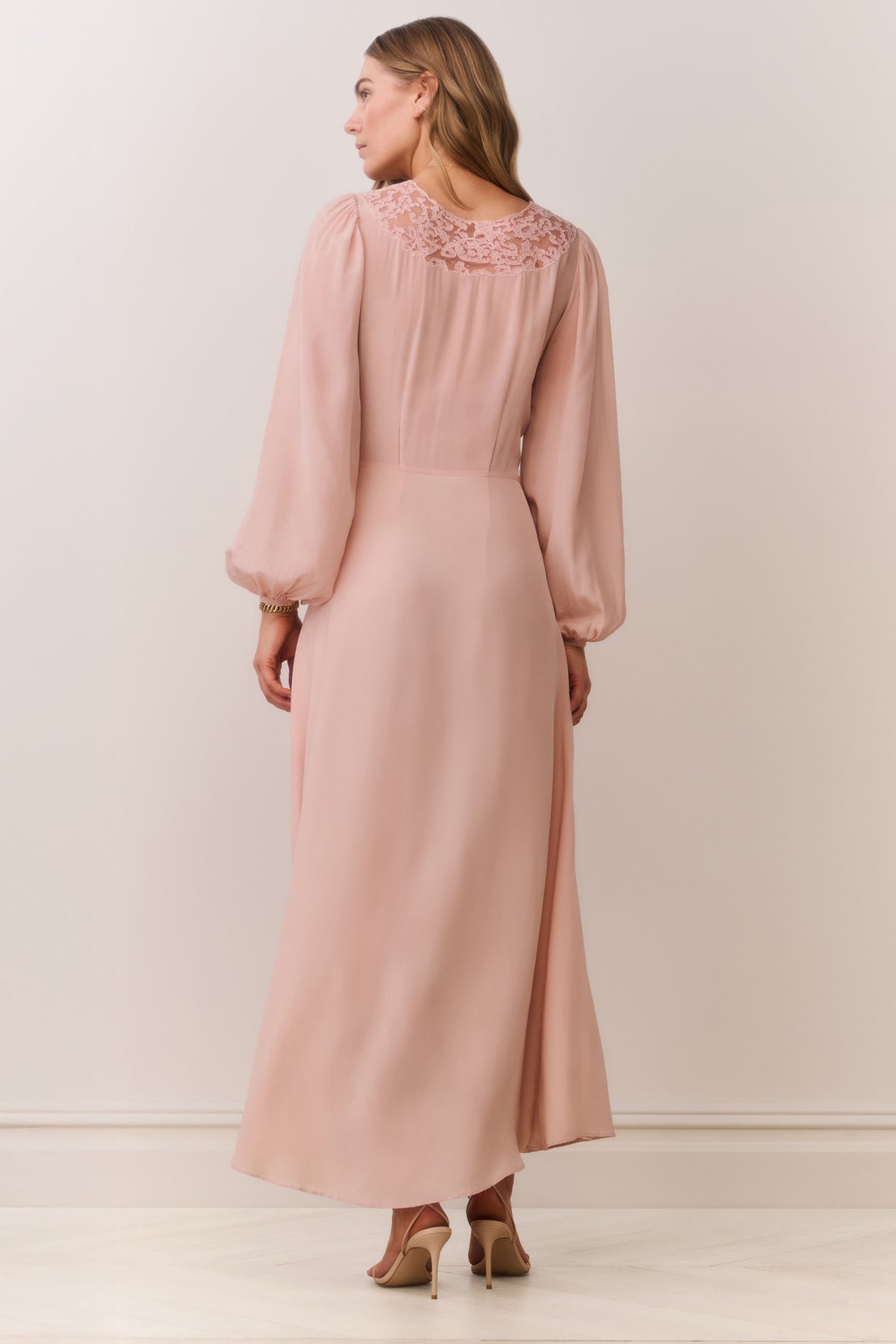 Light pink silk maxi dress with lace back yoke and long gathered sleeves