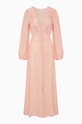 Light pink silk maxi dress with lace V-neck and puff long sleeves