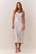 Floral print slip skirt with lace-trim hem, pastel blue and pink pattern