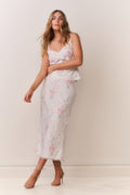 Floral print slip skirt with scalloped lace trim at hem