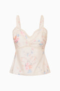 Floral lace-trim cami top with V-neck, spaghetti straps, and softly flared hem