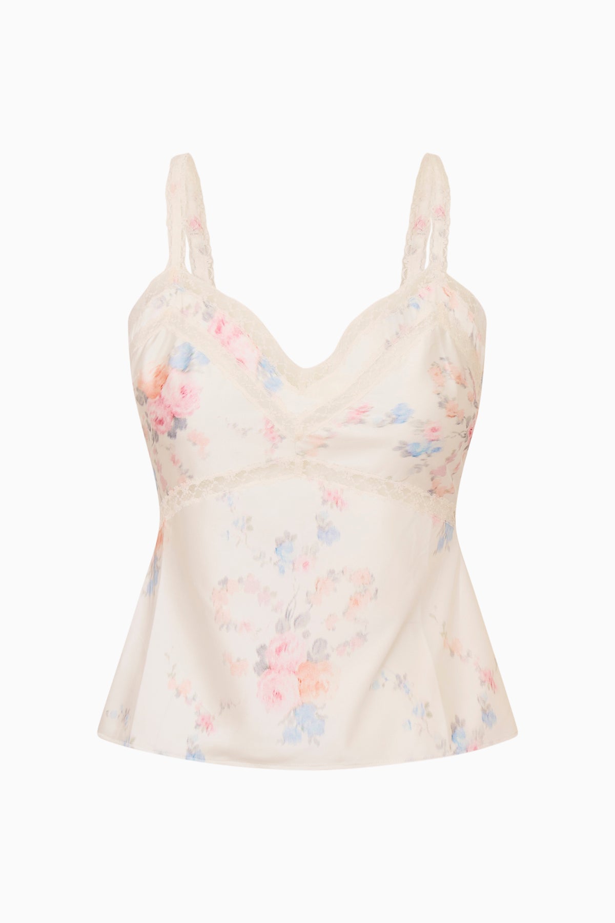 Floral lace-trim cami top with V-neck, spaghetti straps, and softly flared hem