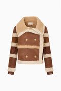 Shearling-style double-breasted jacket with striped sleeves and cream sherpa trim