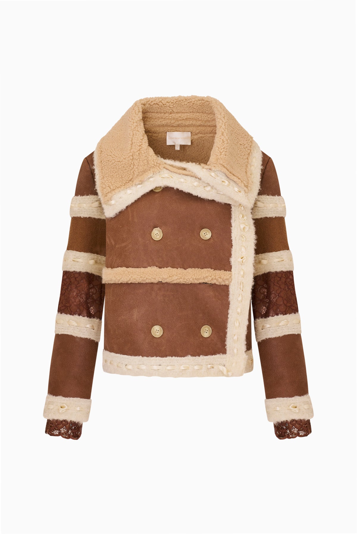 Shearling-style double-breasted jacket with striped sleeves and cream sherpa trim