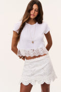 Optic white embroidered eyelet mini skirt with scalloped lace hem