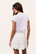 Optic white eyelet mini skirt from back view with scalloped lace hem
