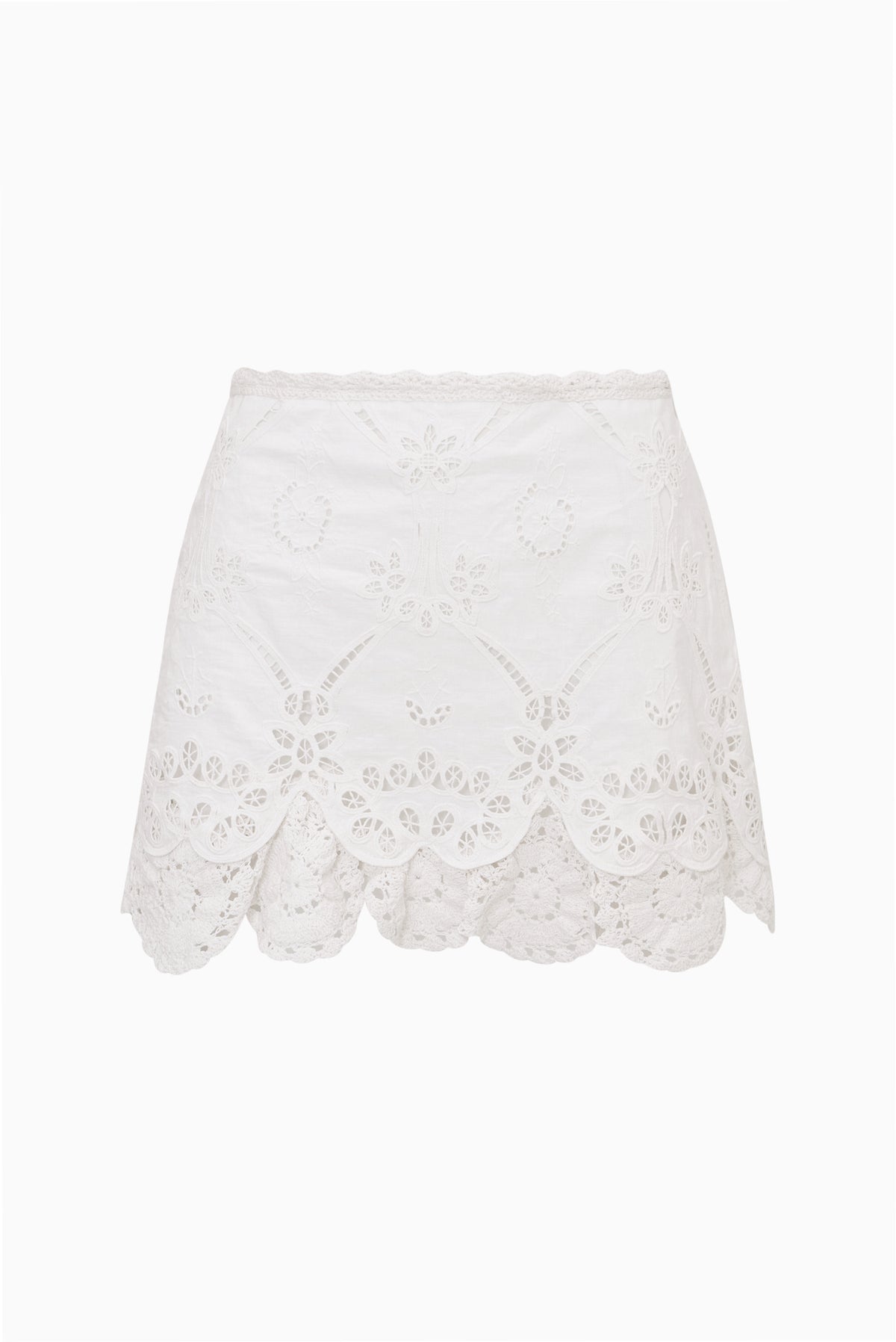 Optic white eyelet mini skirt with decorative lace overlay