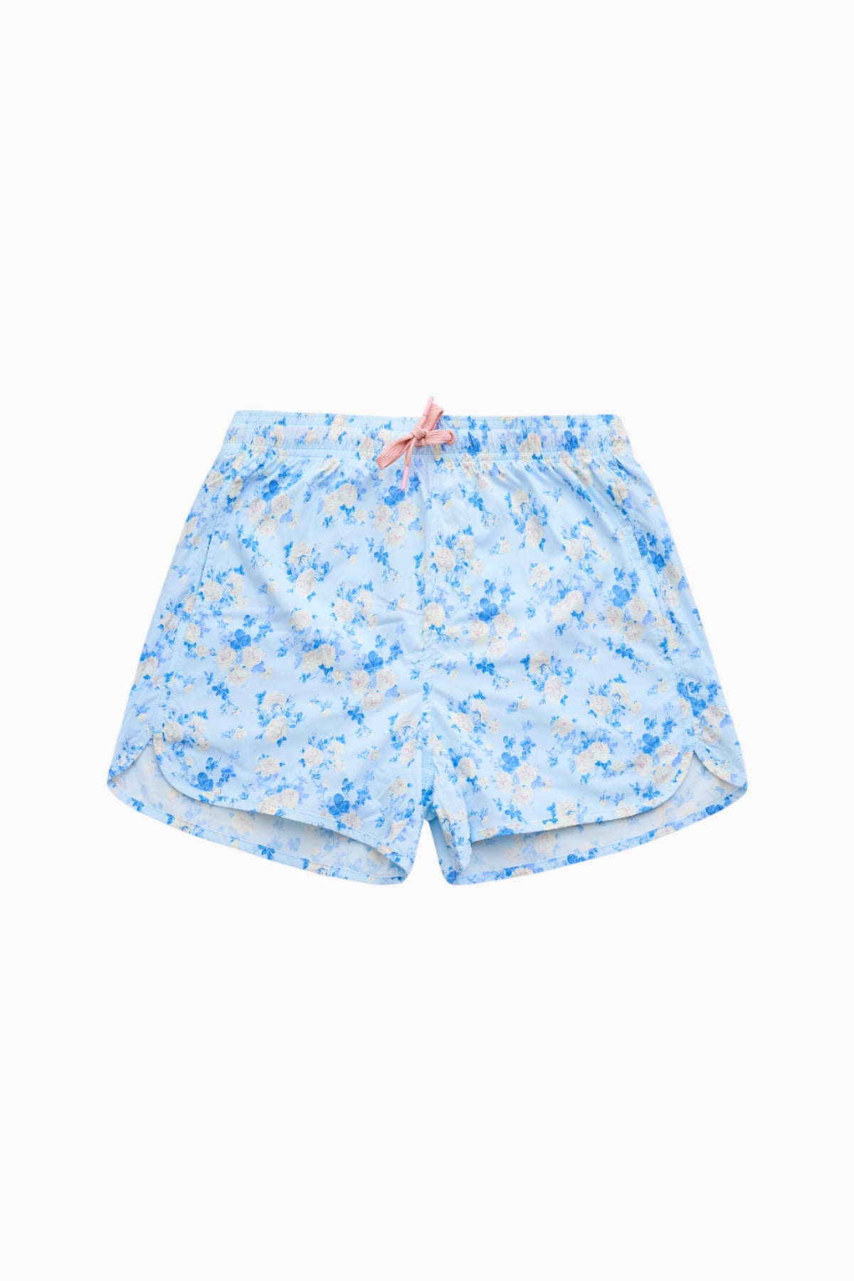 Blue patterned boys swim shorts with elastic waist and drawstring.