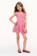 Peony pink girls pointelle tiered dress, short sleeves and ruffled skirt hem