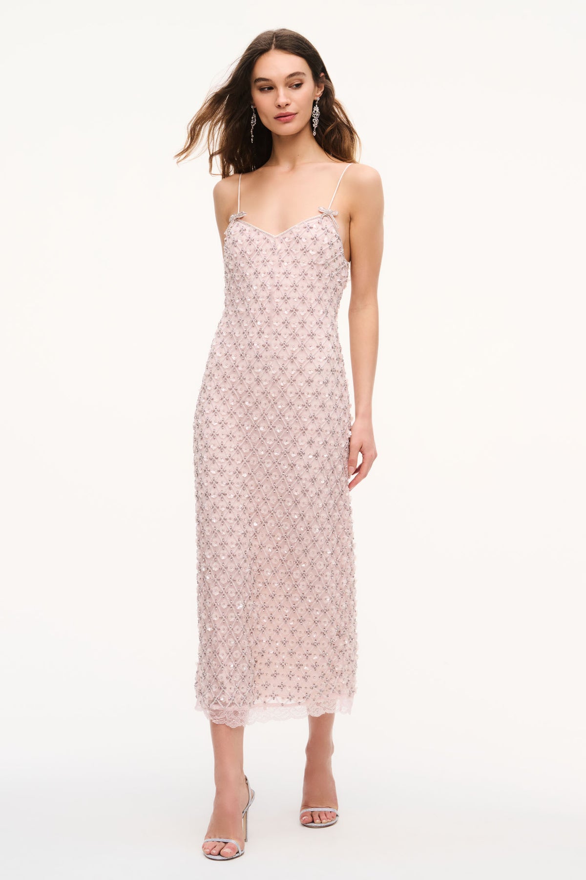 Blush pink floral embellished midi dress with thin spaghetti straps