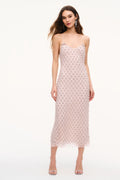 Blush pink floral embellished midi dress with sweetheart neckline and scalloped hem