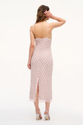 Blush pink floral embellished midi dress, open back with thin spaghetti straps