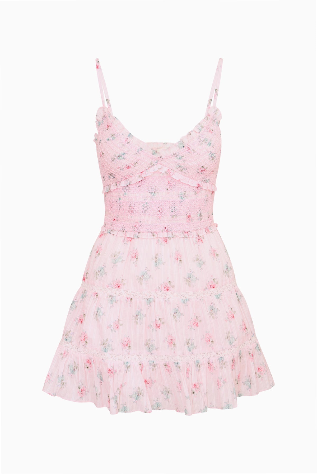 Pink floral cotton mini dress with spaghetti straps and tiered ruffle skirt, flat lay