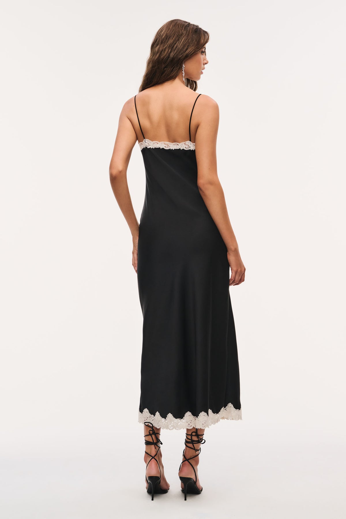 Black lace-bow maxi dress with lace-trim straps and scalloped hem