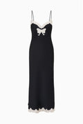 Black lace-bow maxi dress, spaghetti straps with embroidered lace hem