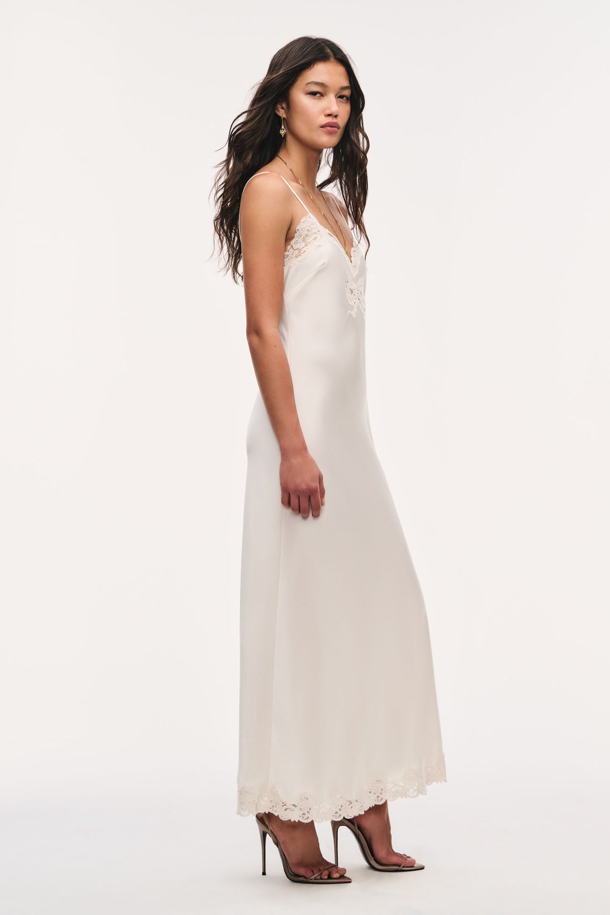Alabaster lace-bow maxi dress with lace overlay V neckline and scalloped hem