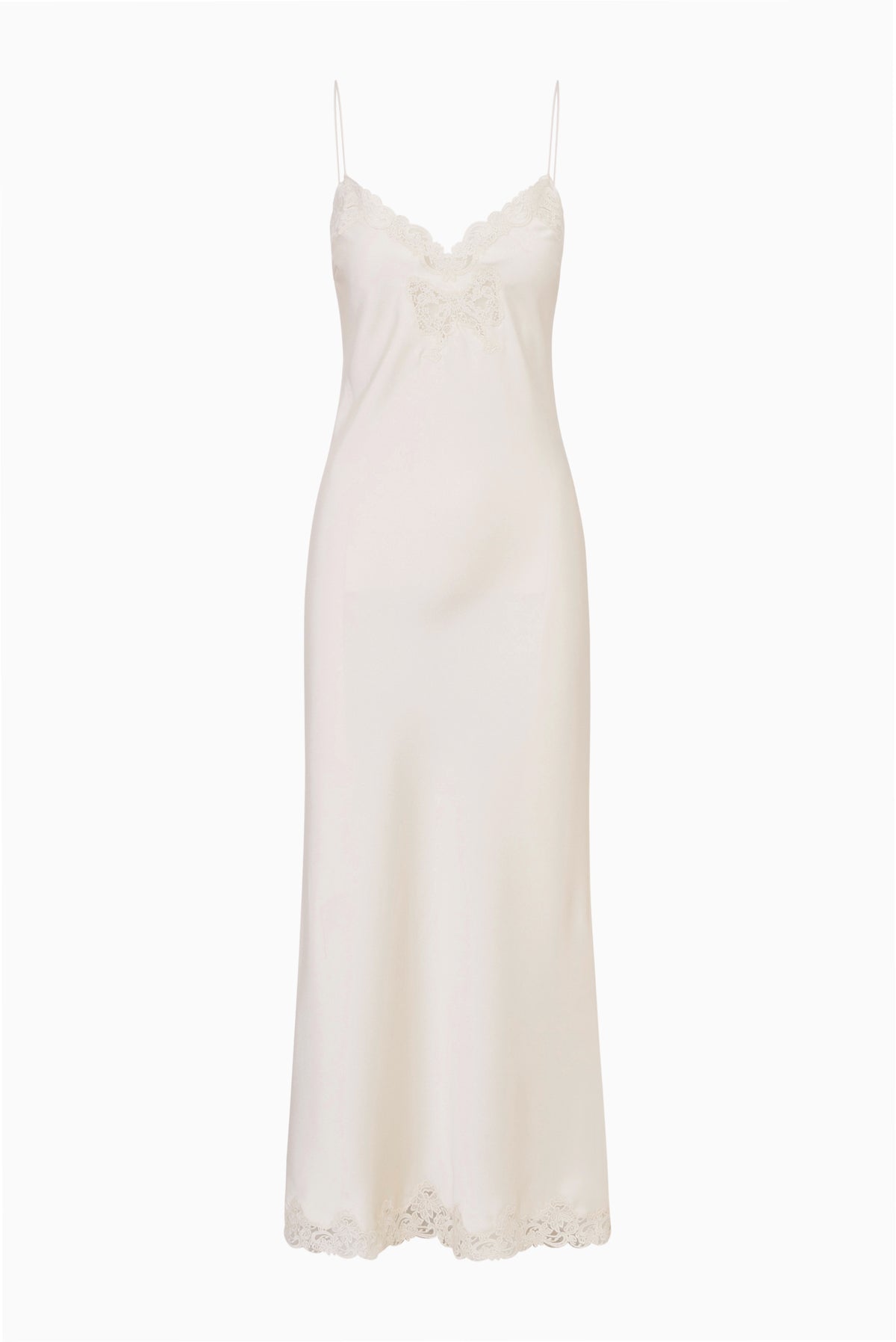 Alabaster lace-bow maxi dress with lace spaghetti straps and scalloped bottom