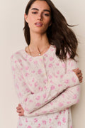 Floral print cotton cardigan in light pink, button-front with long sleeves and crew neck