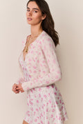 Floral print cotton cardigan in light pink, long sleeves, button-front, relaxed cropped fit