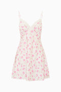 White-based pink floral print mini slip dress with lace-trim V neckline and thin straps