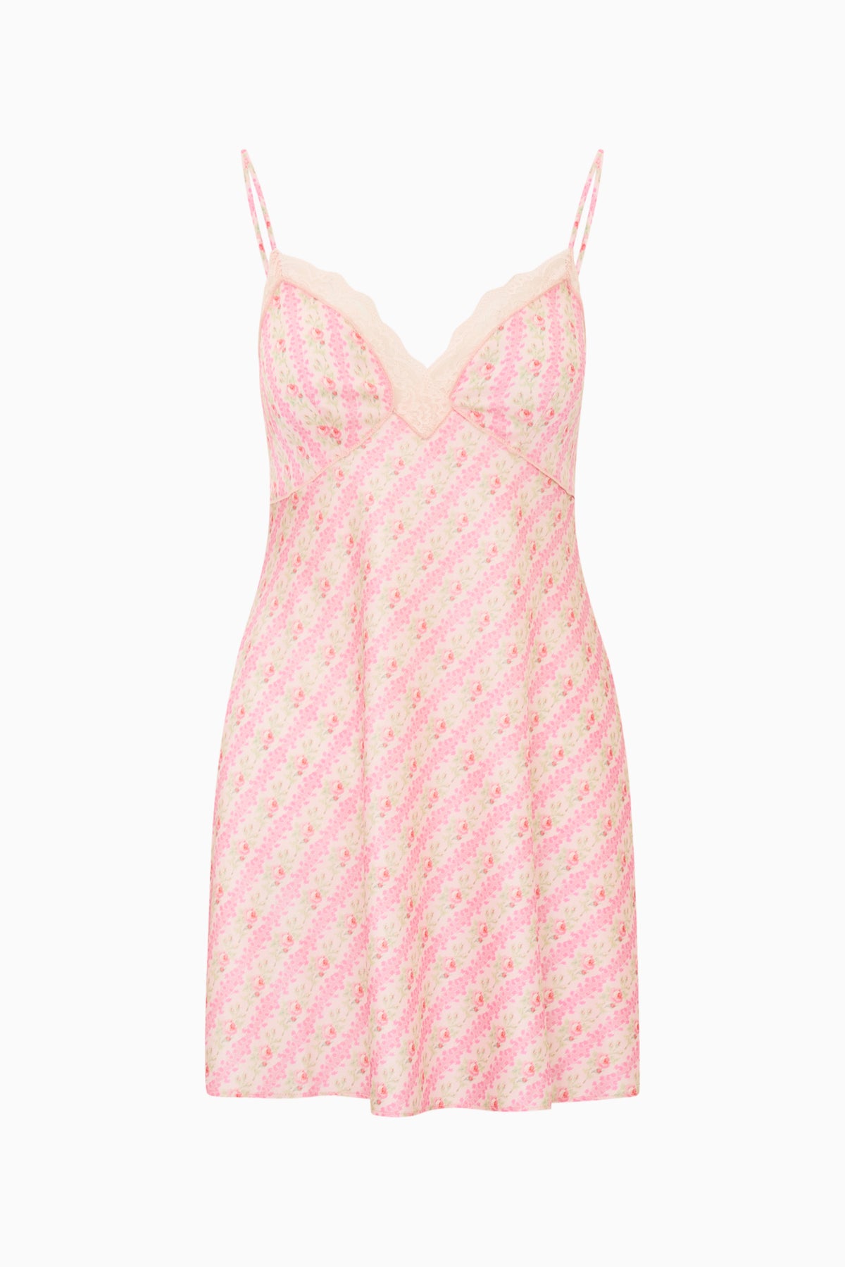 Pink floral print mini slip dress with lace-trim V neckline and thin spaghetti straps