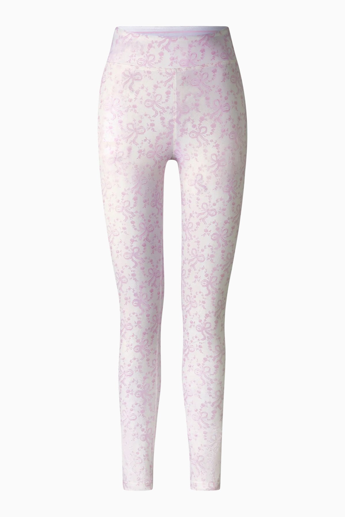 Mauve floral print leggings with elastic waistband and full-length, slim shape