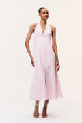 Light pink linen halter maxi dress with front buttons and center slit.