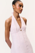 Light pink linen halter maxi dress with front button placket and V neckline.