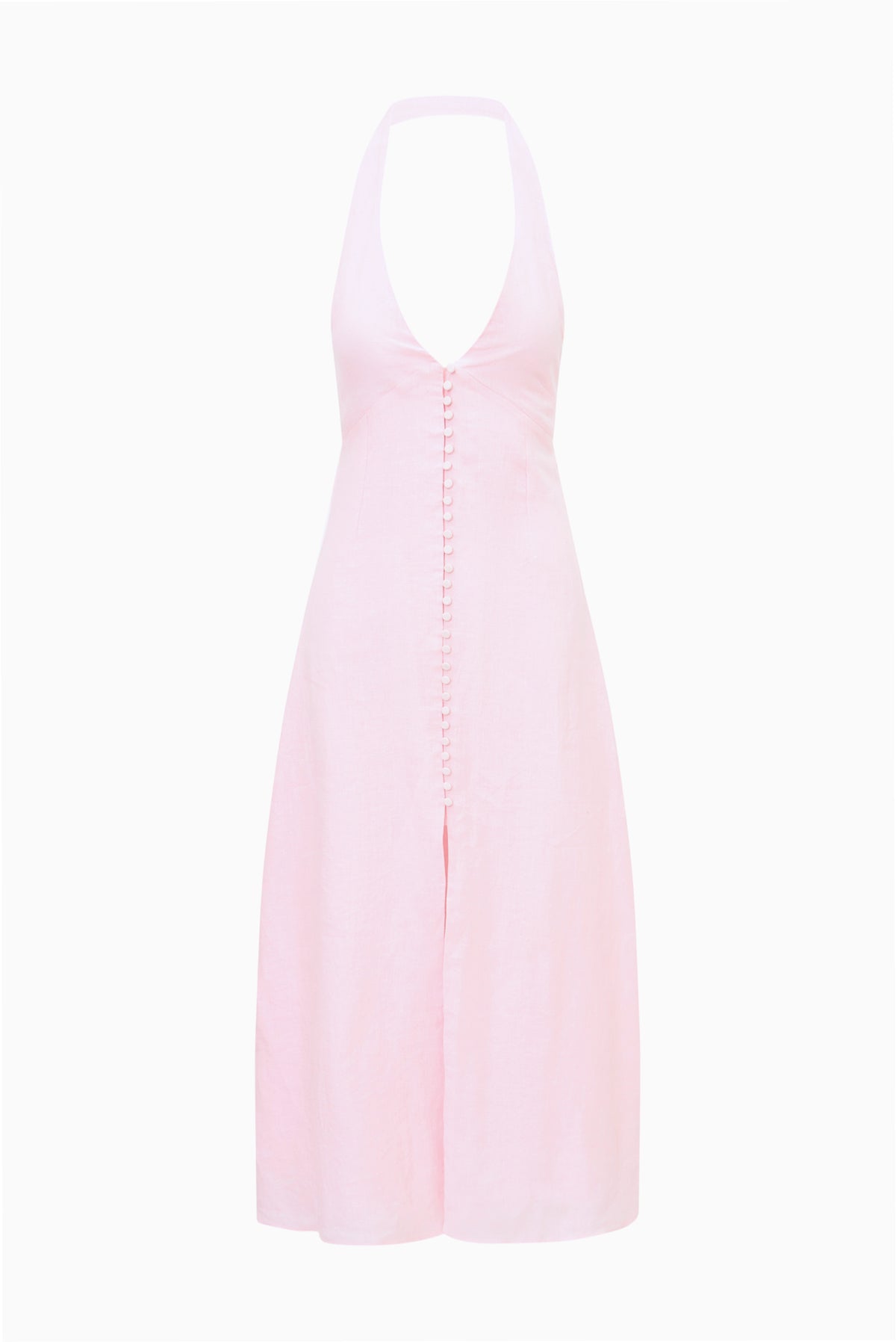 Light pink linen halter maxi dress with open neckline and back tie.