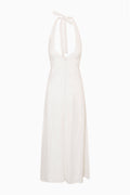 White linen halter maxi dress with back tie and front button placket.