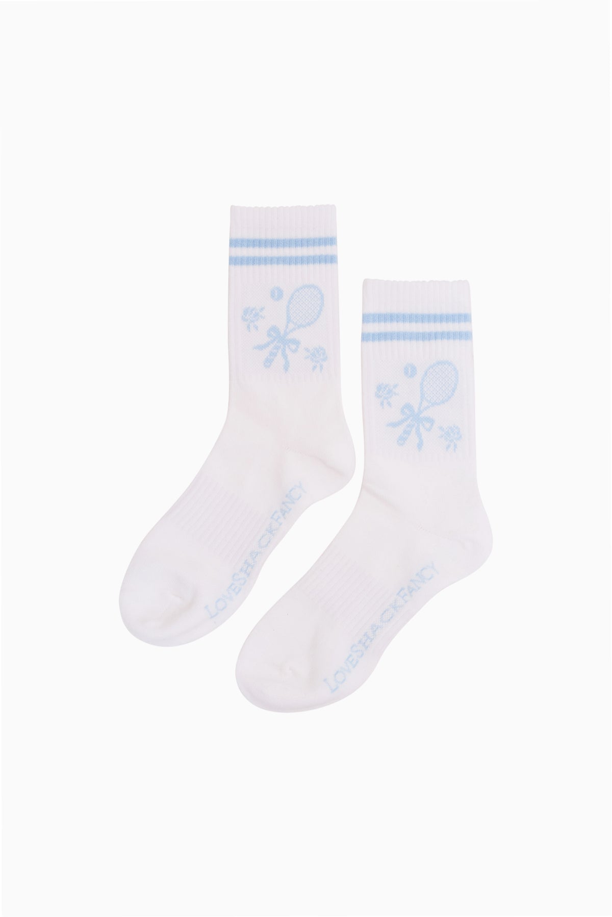 Tennis bow socks, white with blue top stripes and tennis-themed bow graphic