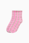 Heirloom print socks in bright pink with floral print and ribbed cuff