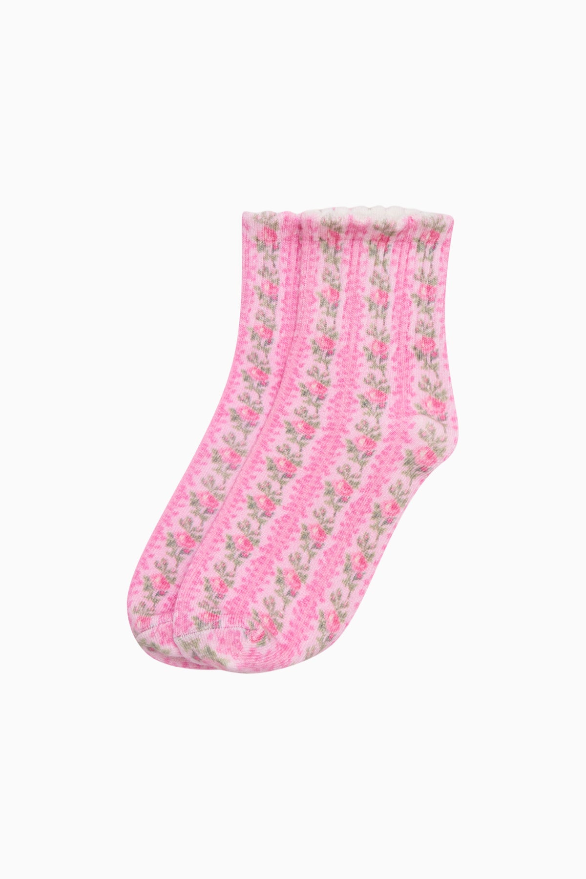 Heirloom print socks in bright pink with floral print and ribbed cuff