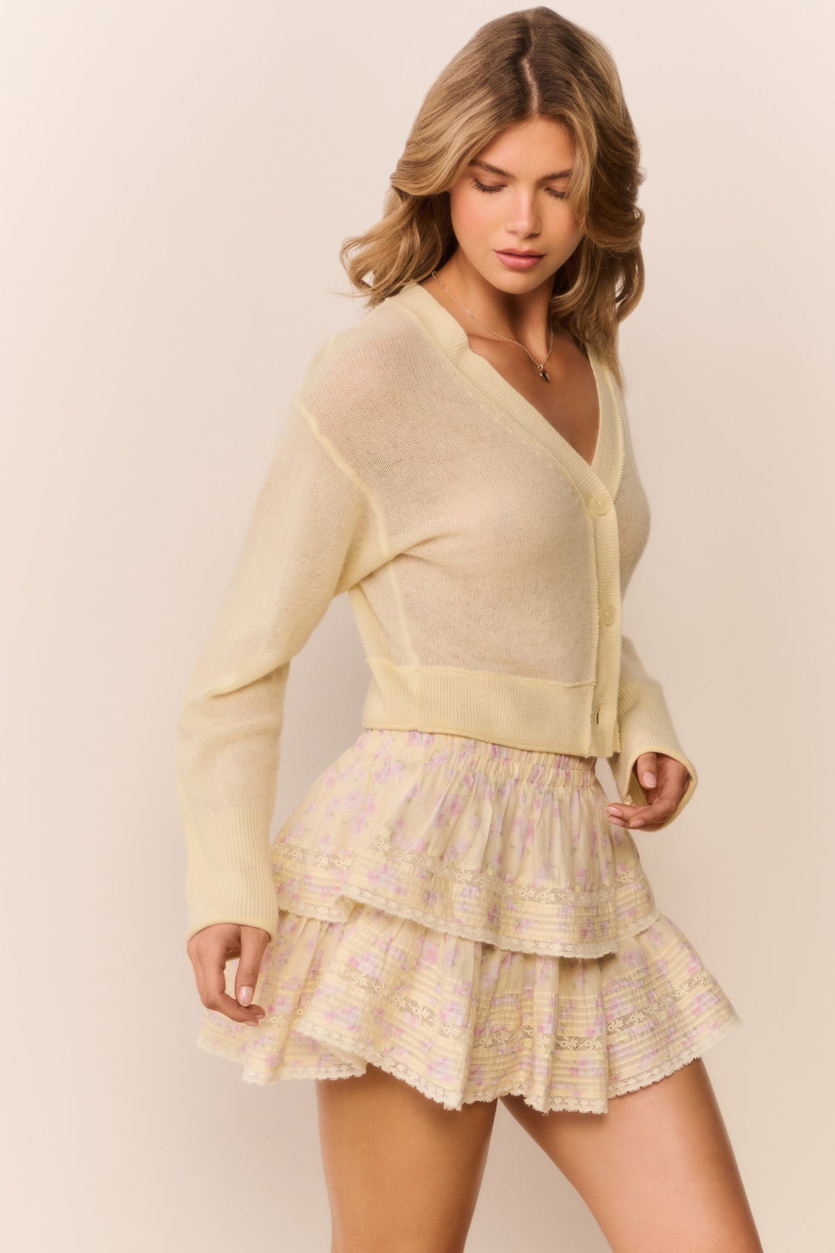 Lightweight cashmere cardigan, light cream, V-neck button-front, front view, long sleeves